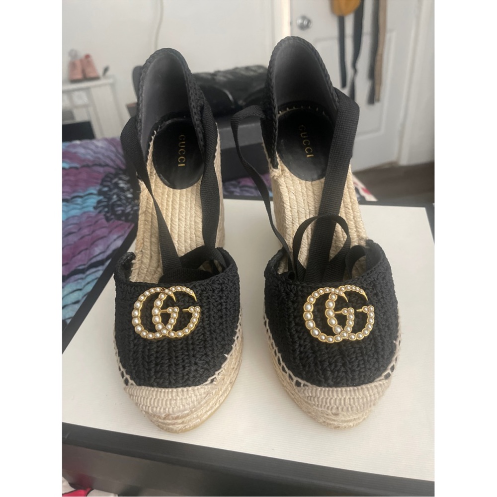 GUCCI CROCHET PEARL ESPADRILLE WEDGES
